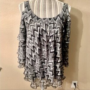 NEW Blouse XS Hot in Hollywood Black Gray Cold Shoulder Layered Bell-Sleeve NWOT